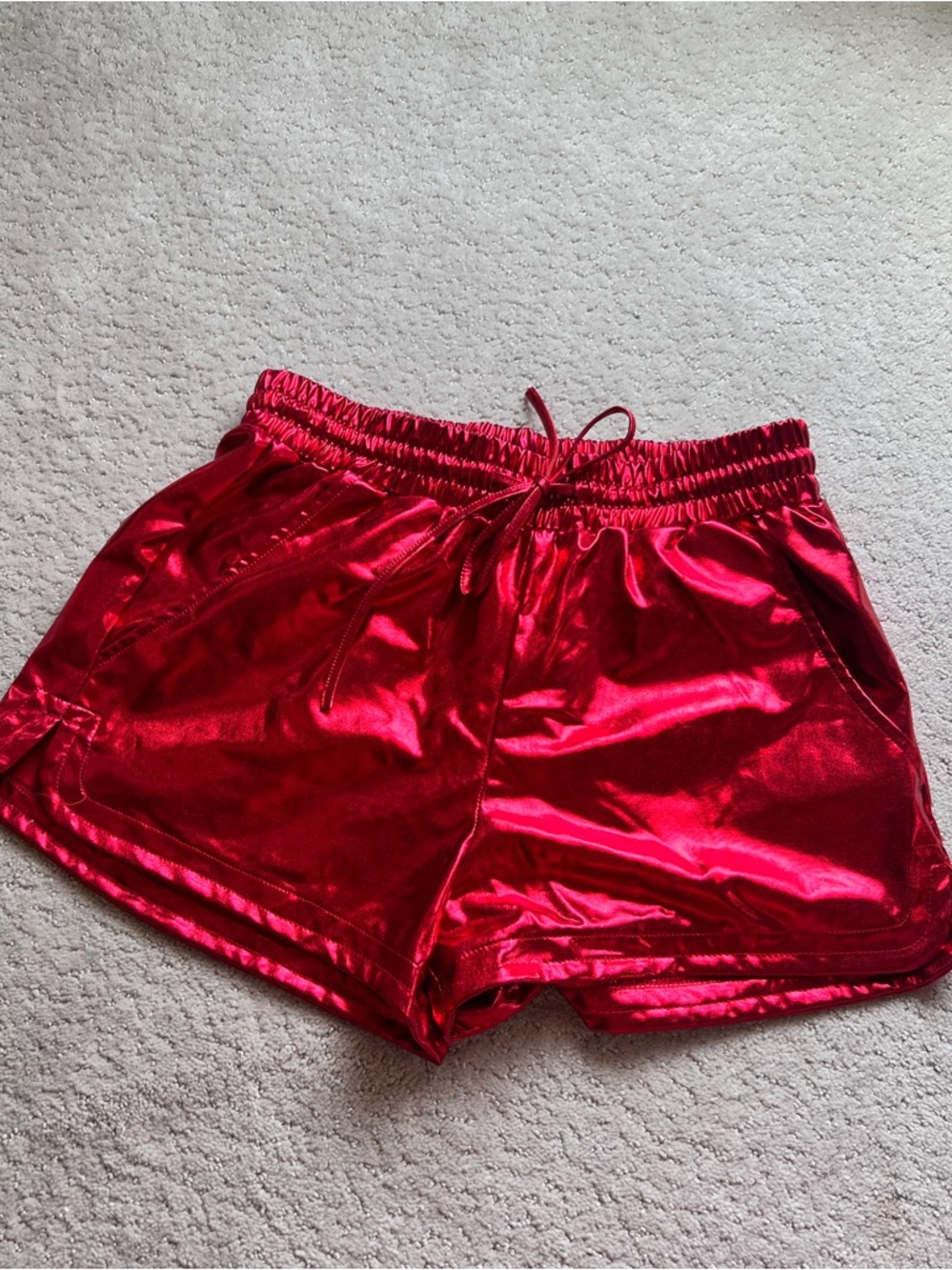 Women’s Metallic Red Athletic Shorts with Drawstring Waist